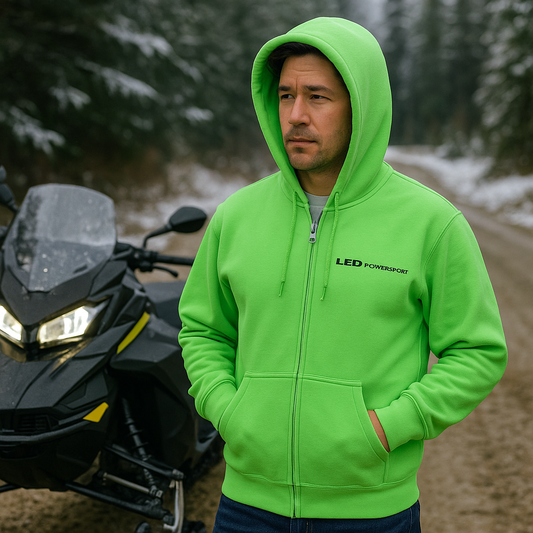 Man wearing neon green LEDPowersport full-zip hoodie standing next to a snowmobile on a snowy forest trail; front chest logo visible.