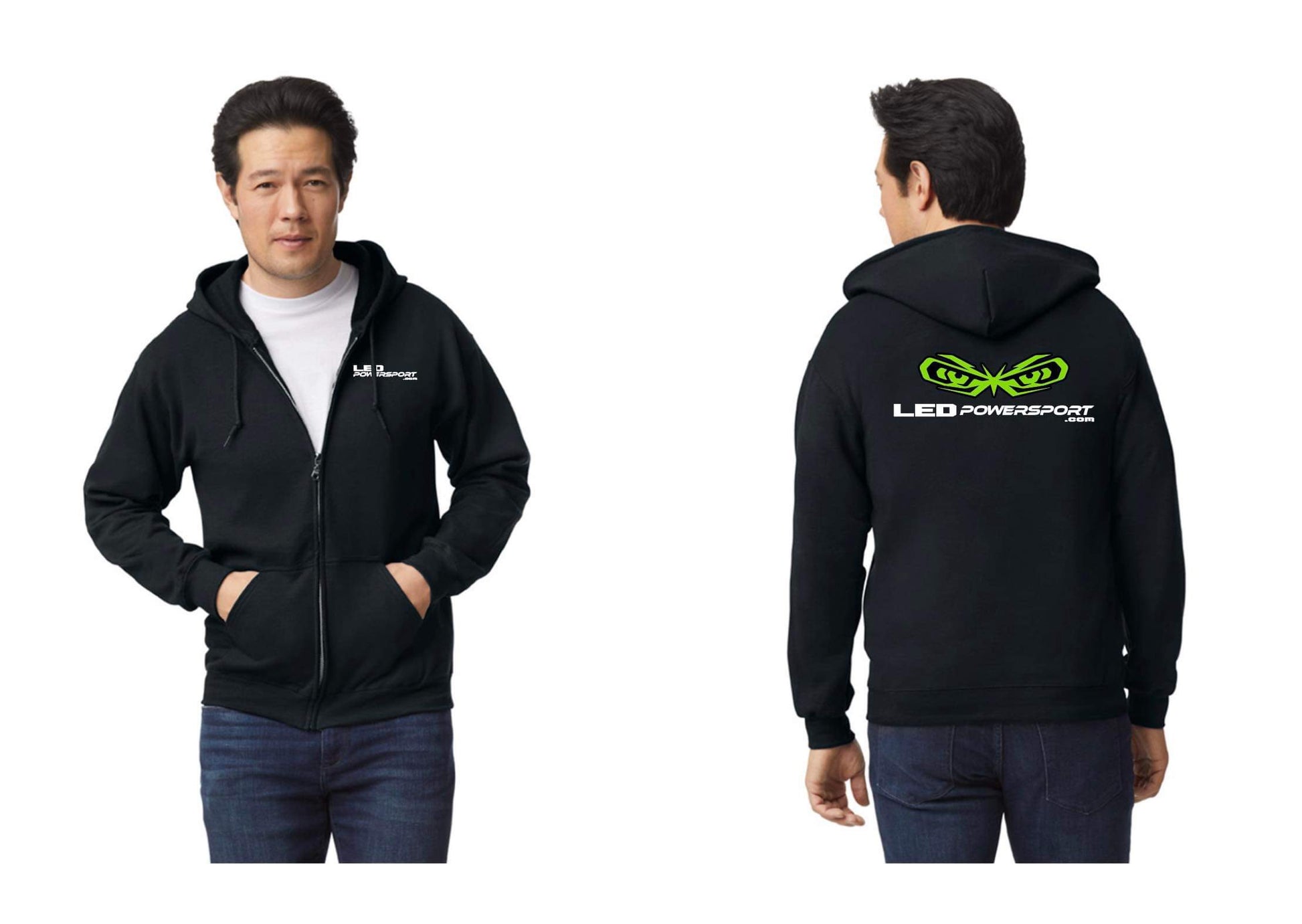 Black LEDPowersport hoodie with full zipper, white chest logo, and bold green eyes back graphic; shown front and back on model.