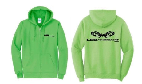 Light green LEDPowersport hoodie with full front zipper, black chest logo, and large back graphic featuring the LEDPowersport owl eyes.